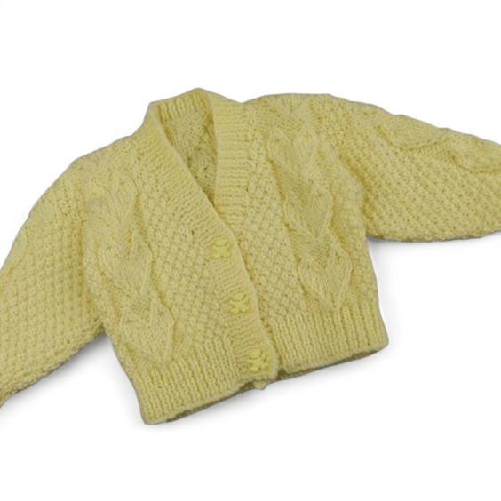 Lemon Baby Cardigan Hand Knitted 0-3 Months, Gender Neutral Heart Design