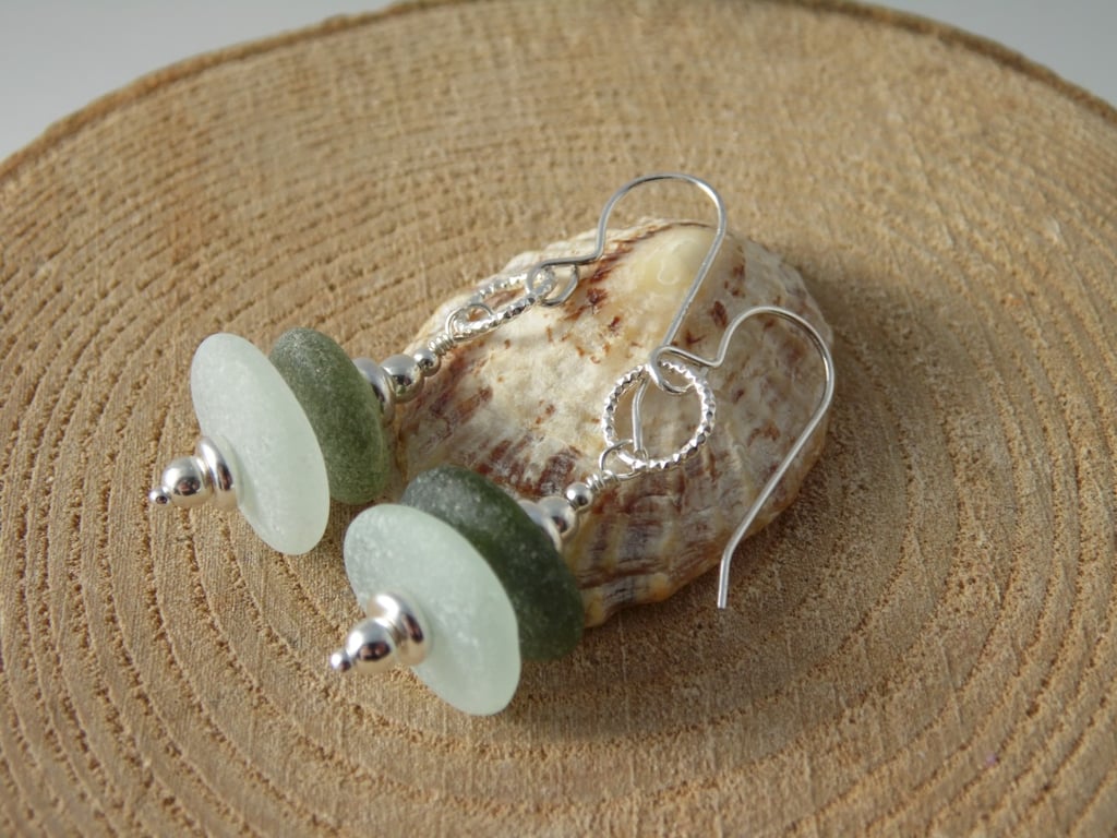 Olive Green & Seafoam Marazion Sea Glass Stack Earrings, Sterling Silver E657