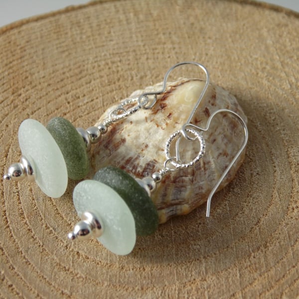 Olive Green & Seafoam Marazion Sea Glass Stack Earrings, Sterling Silver E657