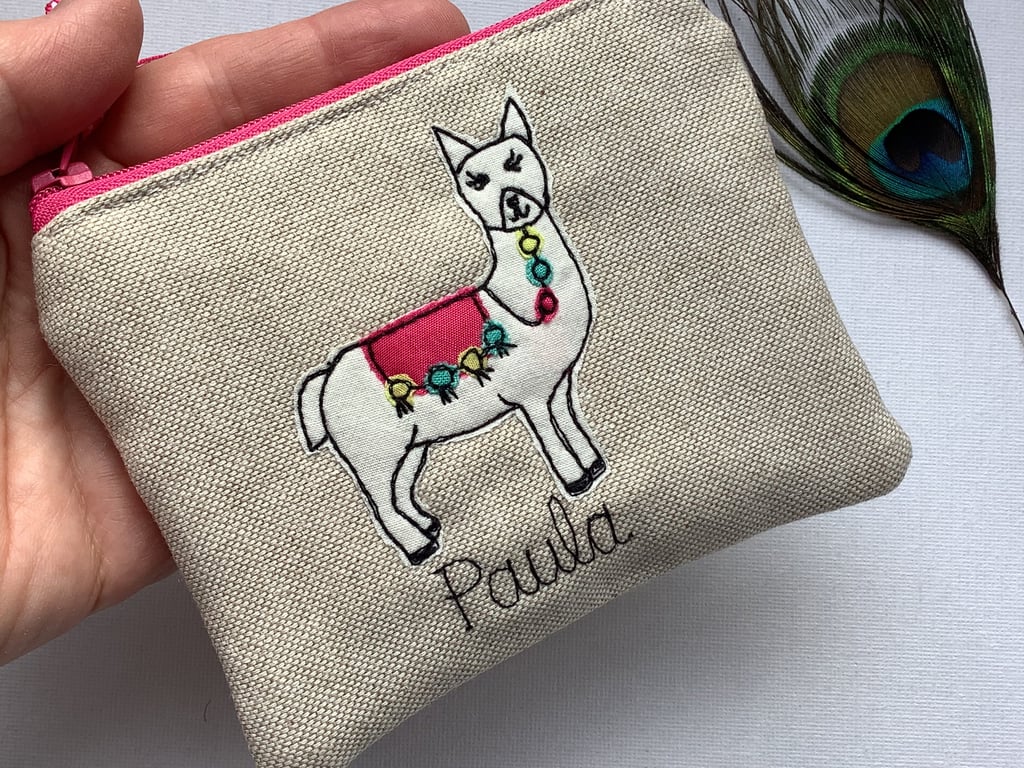 Personalised Alpaca Llama Coin Card Purse Wallet Pouch - Oatmeal Linen and Pink 