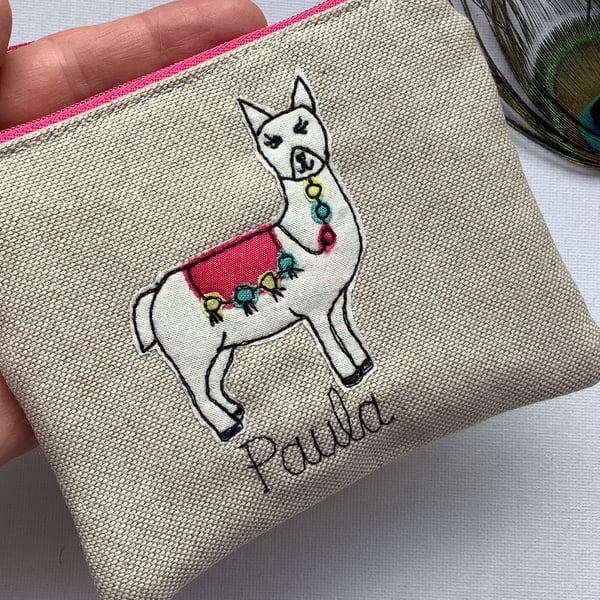 Personalised Alpaca Llama Coin Card Purse Wallet Pouch - Oatmeal Linen and Pink 