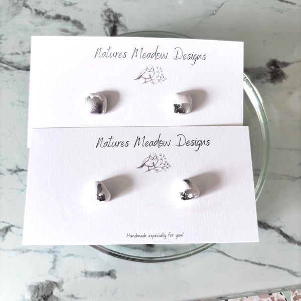 White Stud Earrings with Silver Leaf Detail