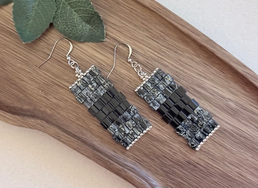 Dark green, black and silver Miyuki tile earrings - Hand woven earrings