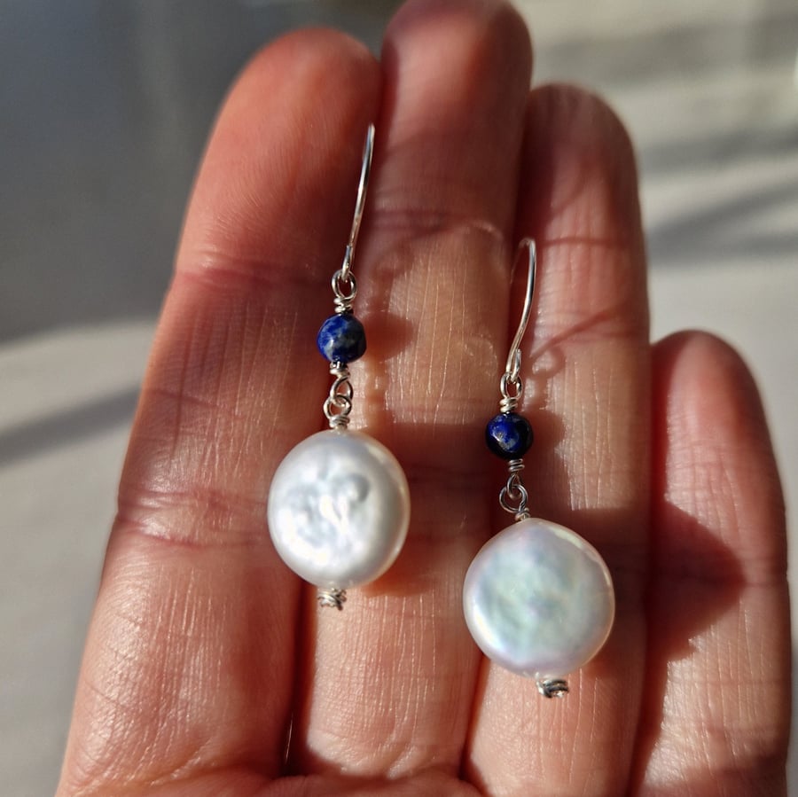 Freshwater pearl and lapis lazuli and sterling silver drop earrings
