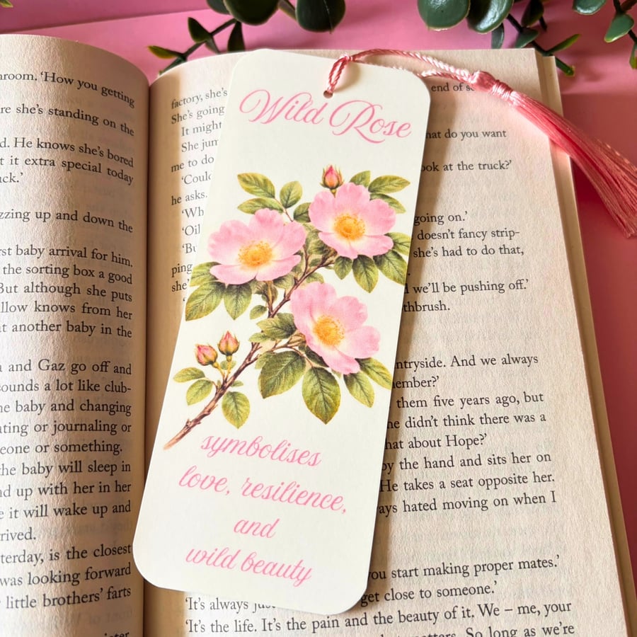 Wild Rose Botanical Bookmark with Tassel - Floral Bookmark Gift for Book Lovers