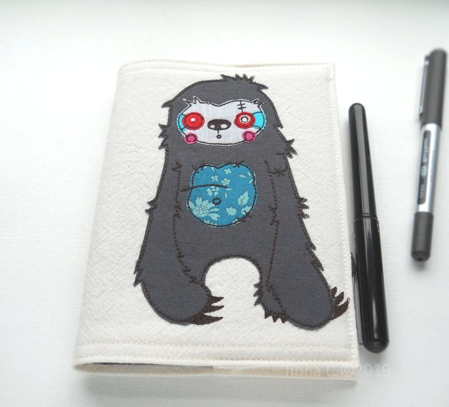 freehand embroidered zombie sloth A6 fabric notebook