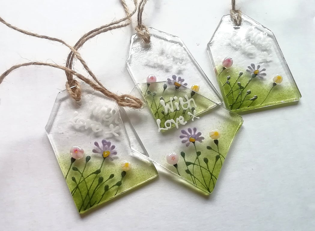 Fused Glass Floral Gift Tags: Sustainable Parcel Labels, Set of 4