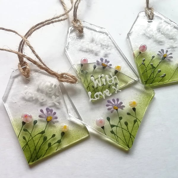 Fused Glass Floral Gift Tags: Sustainable Parcel Labels, Set of 4