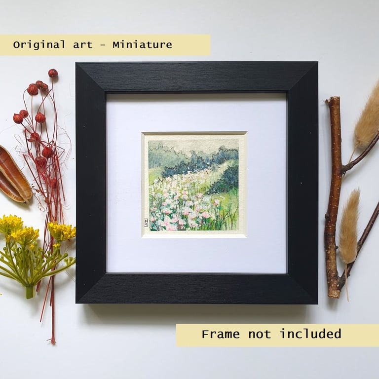 Miniature landscape painting - Green hill with white flowers