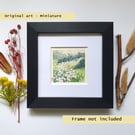 Miniature landscape painting - Green hill with white flowers