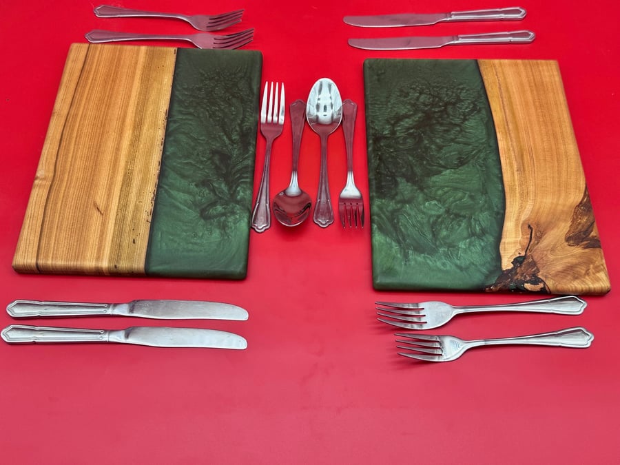 Pair of handcrafted wood and resin place mats, cheese boards