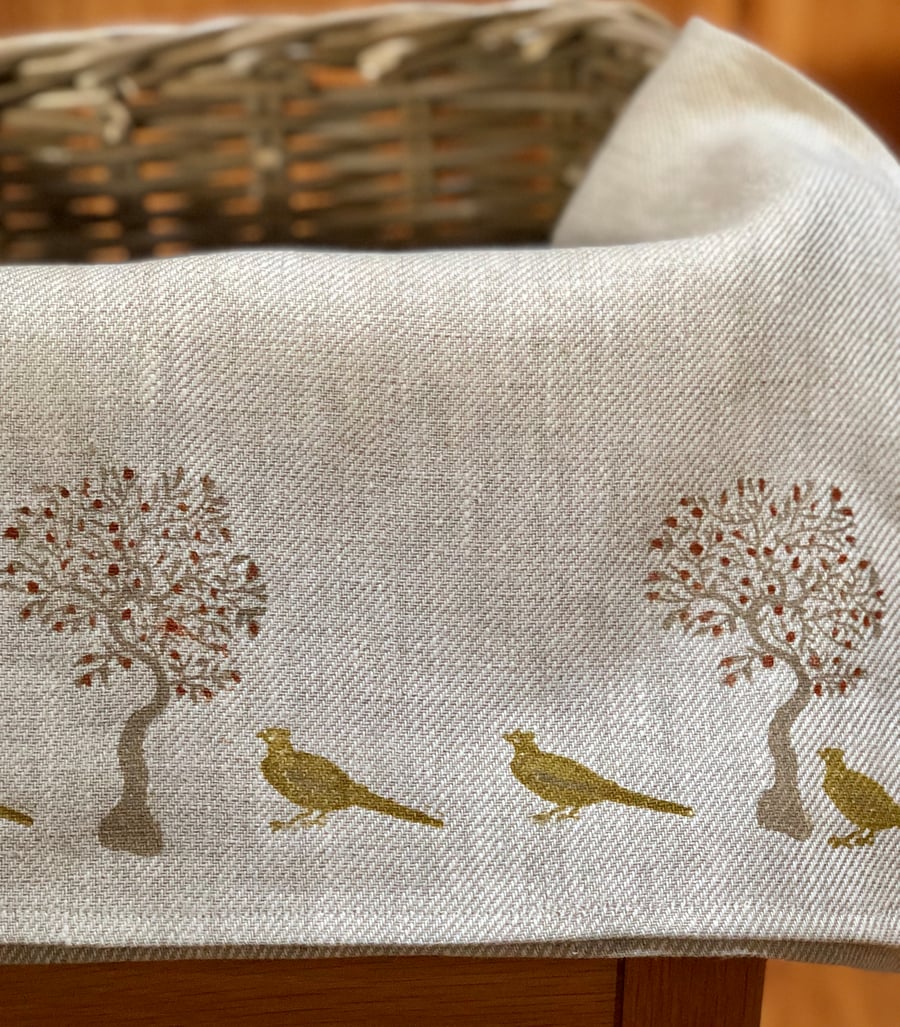 Hand Printed Linen Tea Towel- Country Pheasants