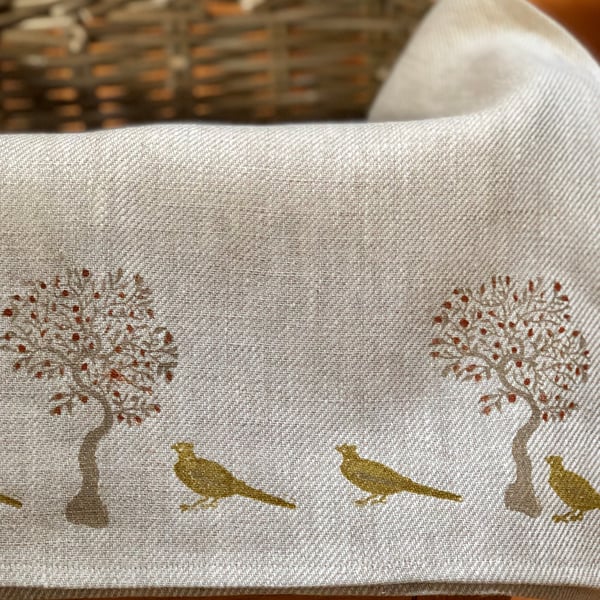 Hand Printed Linen Tea Towel- Country Pheasants