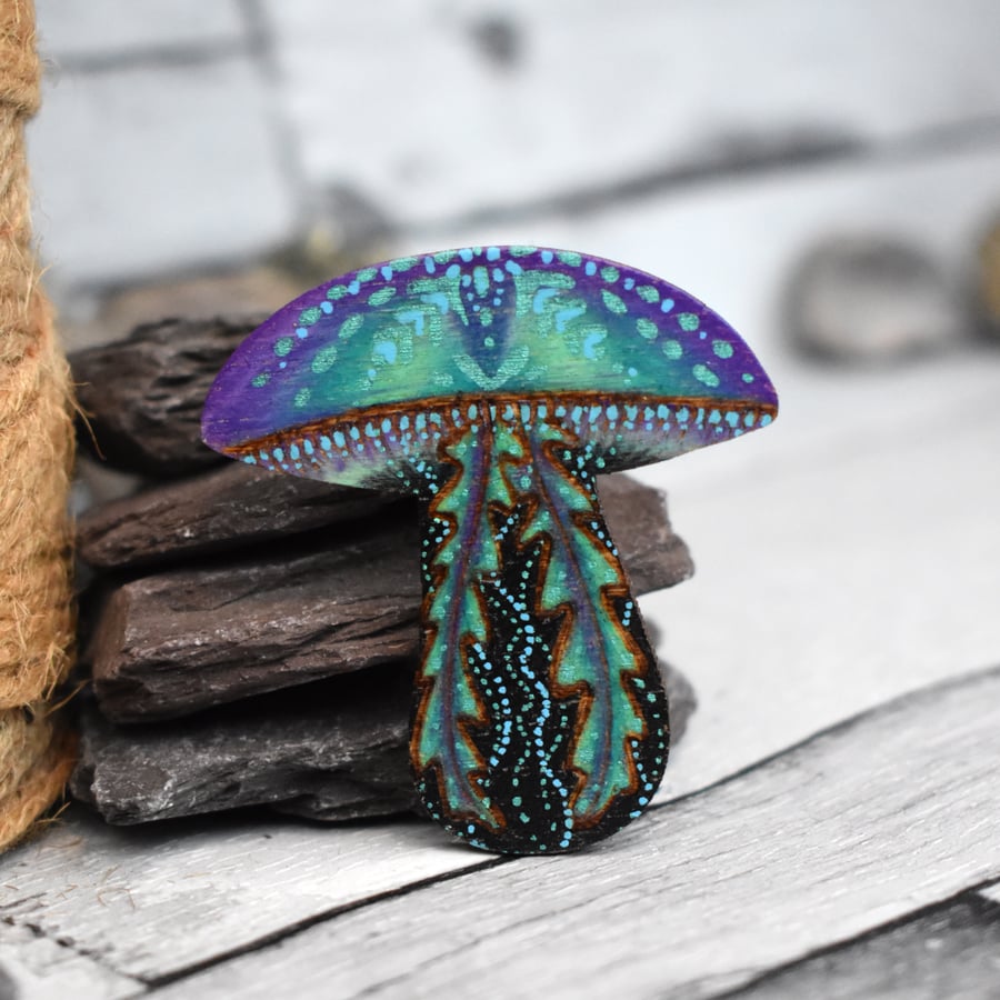 Blue purple pyrography shroom jelly brooch. Unique Toadstool jellyfish pin.