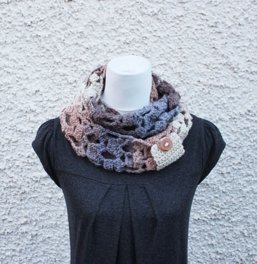 scarf womens beige, snood, knitwear Christmas, infinity scarf with button cuff