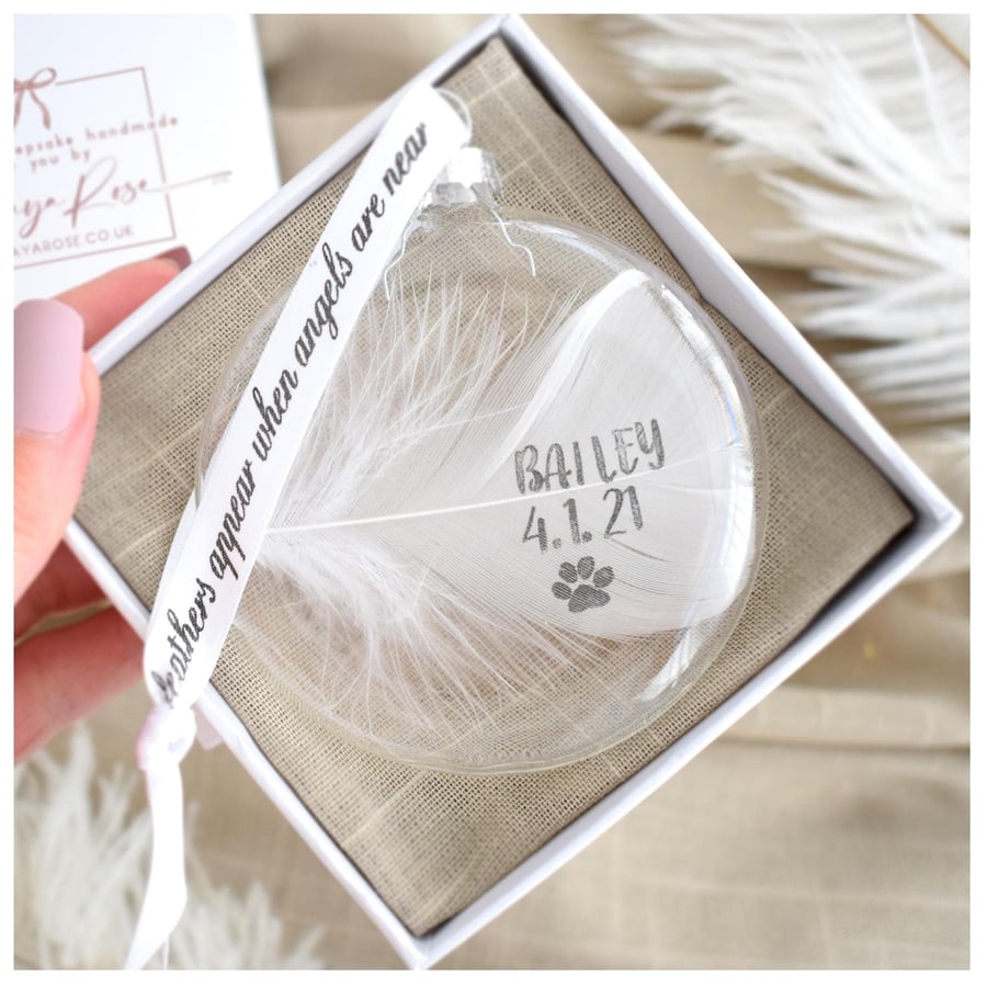 Image of Personalised Name Date Christmas Bauble. Gift Boxed Memorial Gift. Real White Fe