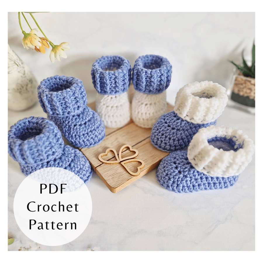 Ridged Cuff Crochet Baby Booties Pattern - US Terms