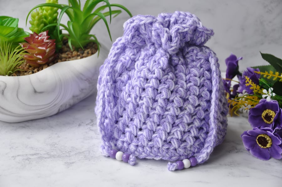 Luxury Gift Bag Drawstring Pouch Purse Hand Crochet Purple and White Beads