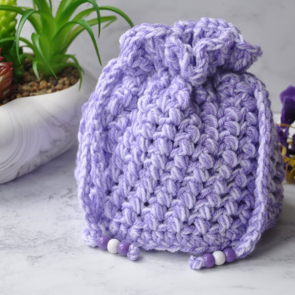 Luxury Gift Bag Drawstring Pouch Purse Hand Crochet Purple and White Beads