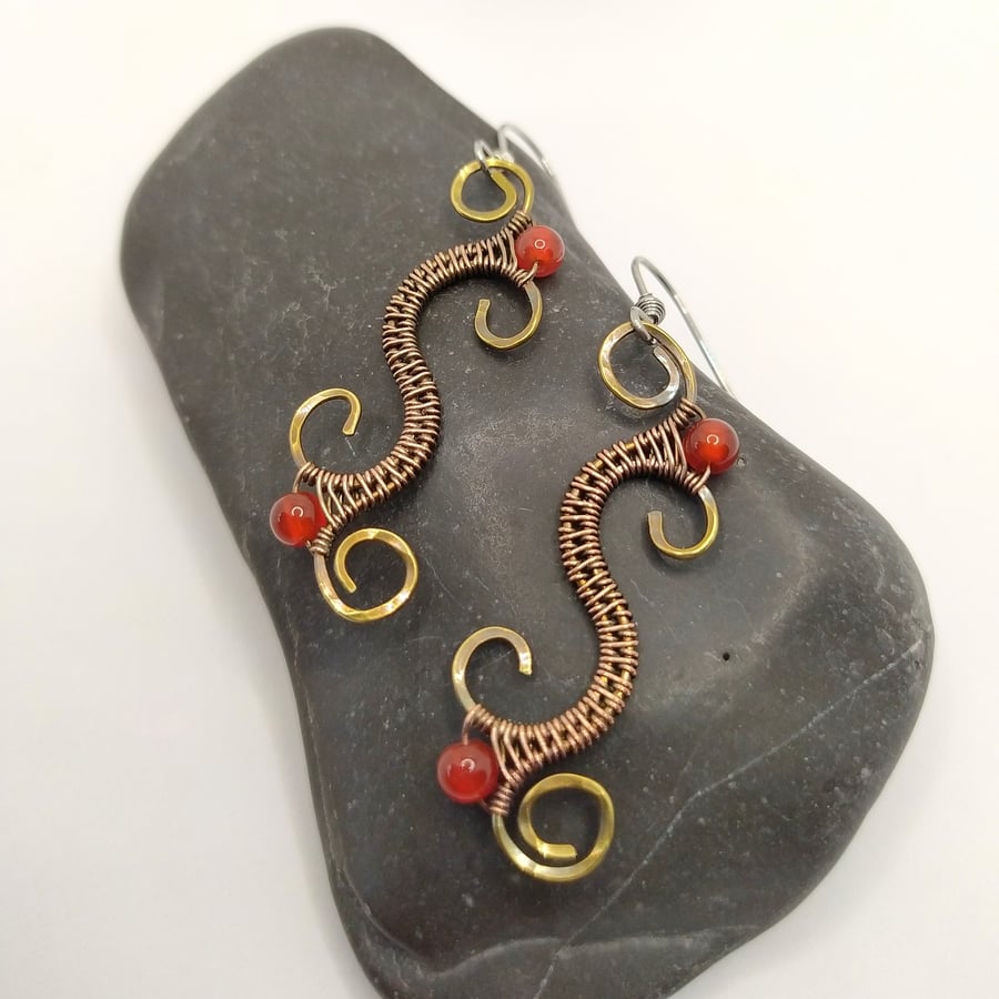 Swirly Brass and Copper Mixed Metal Earrings