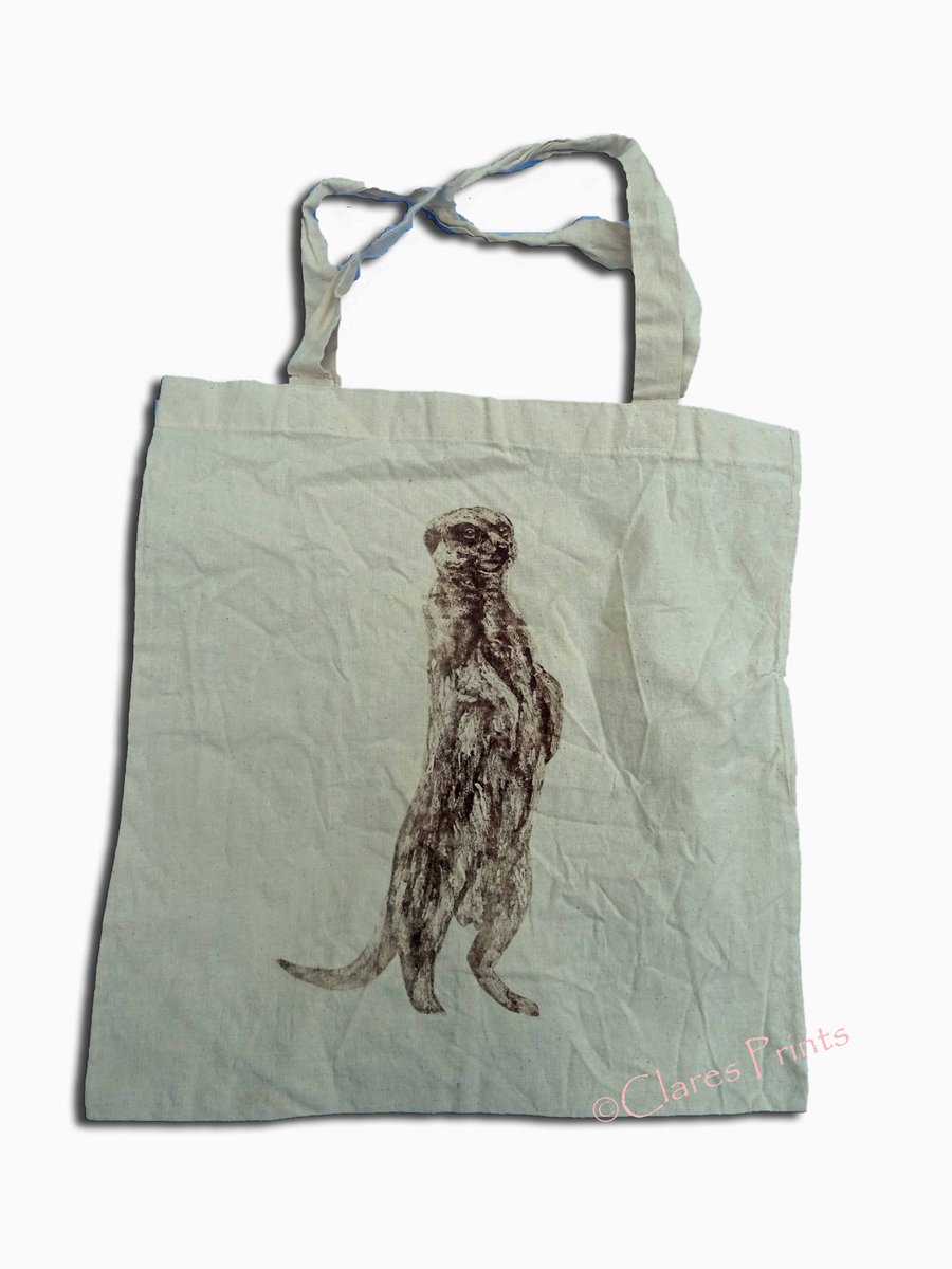 Sale Brown Meerkat Collagraph Hand Printed Cream Tote Shopping Bag