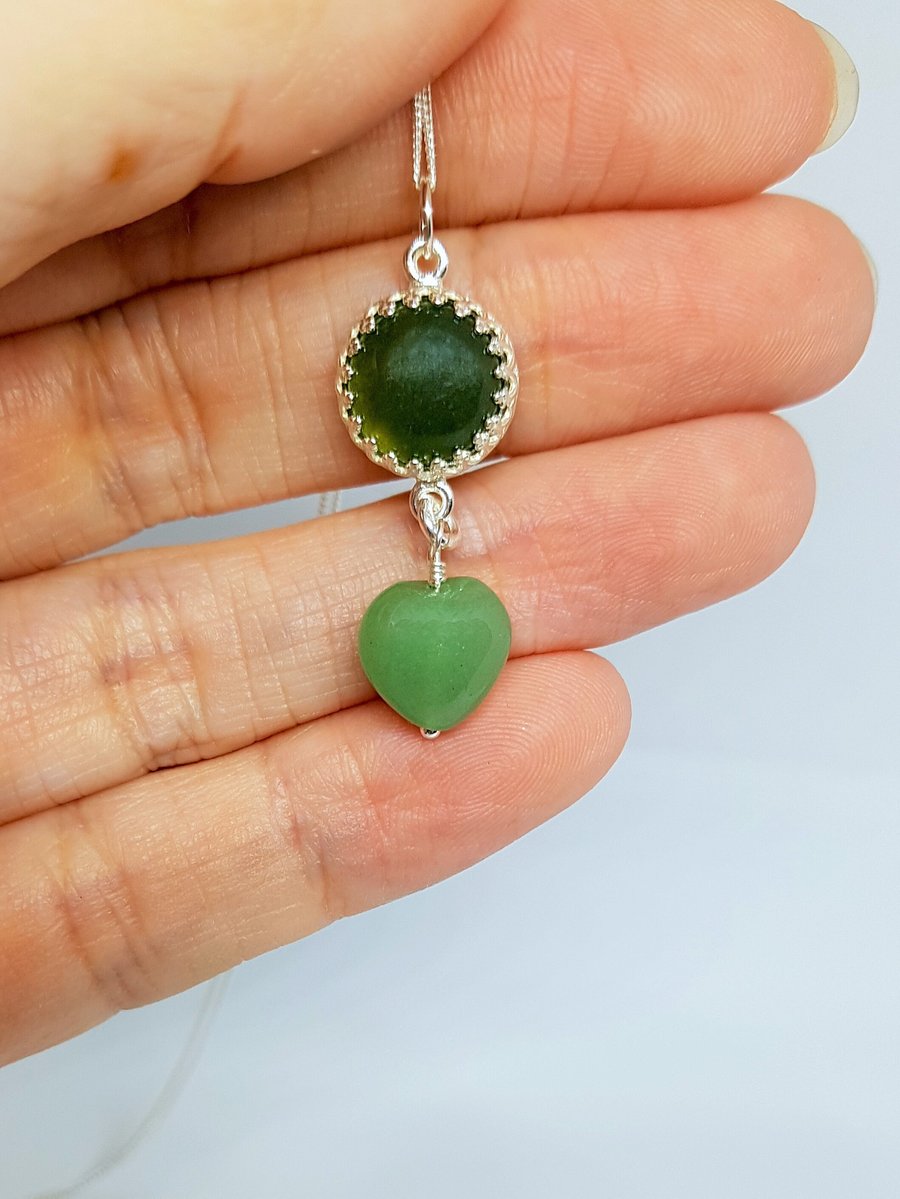 Moss Agate Cabochon and Aventurine Heart Sterling Silver Gemstone Pendant