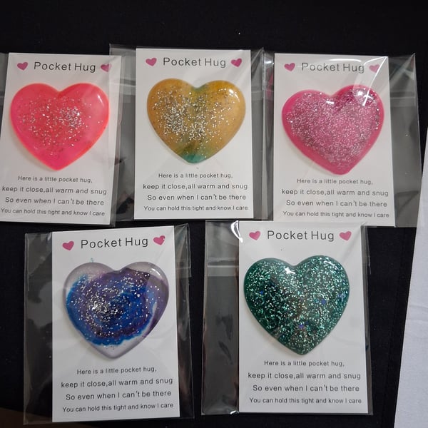 Glittery pocket hugs. Handmade epoxy resin heart.