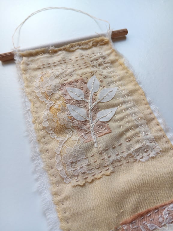 Embroidered Textile Art Wall Hanging With Autumn Leaves 