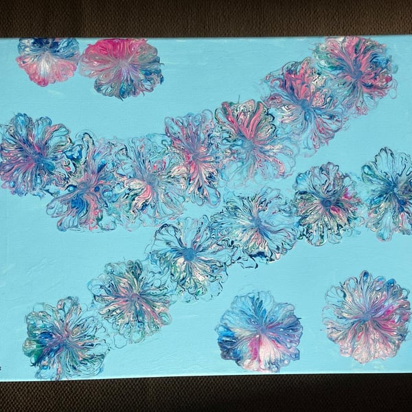 Jellyfish Bloom, Original Acrylic Pour Painting 15.5" by 19.5" large canvas