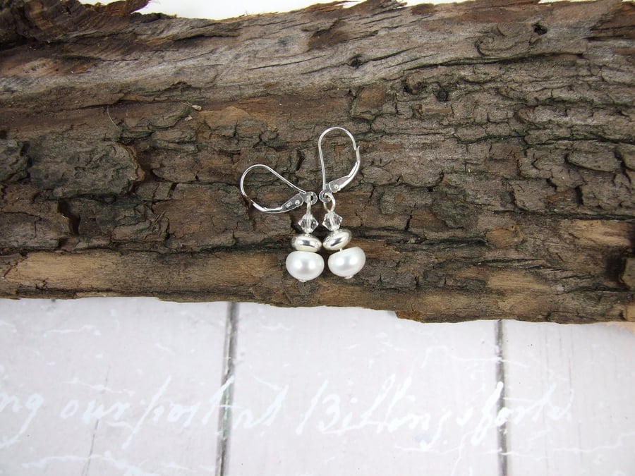 White Button Pearl with Swarovski® Elements Crystal and Sterling Silver Earrings