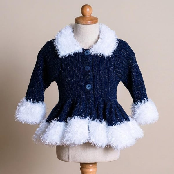 Girls' Hand-Knitted Sparkly Blue Cardigan with Fluffy Trim, Peplum Winter Outfit