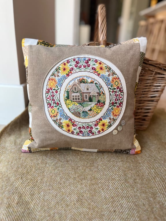 Autumn - rescued cross stitch and patchwork cushion