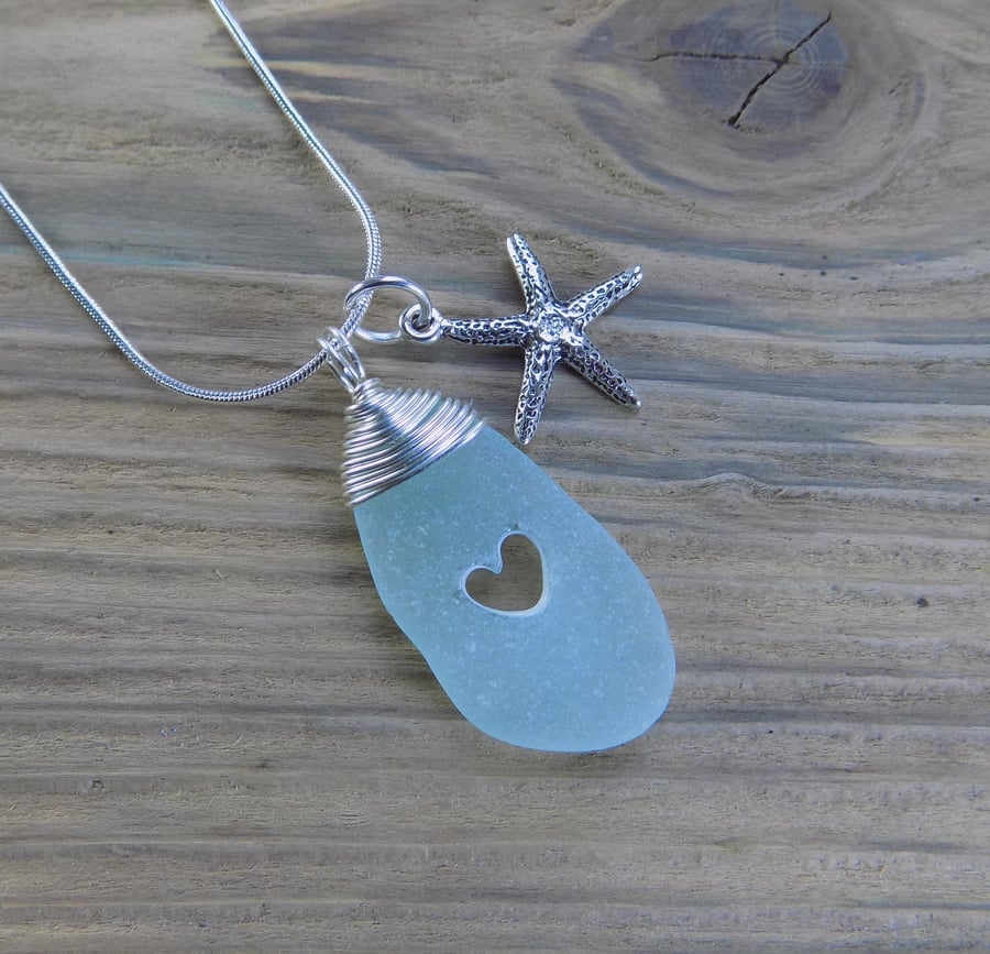 Natural sea glass heart wire wrapped pendant, sea glass from the Scilly Isles