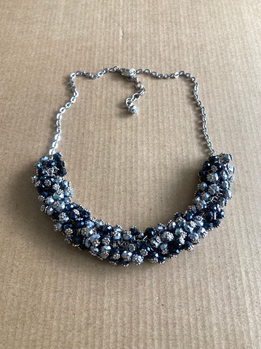 Upcycled Silver And Charcoal Grey Tone Crystal Handmade Necklace - 17''