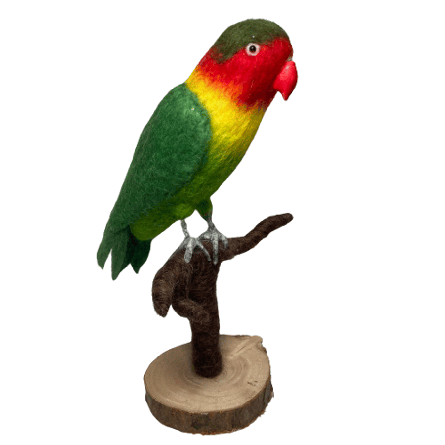 Needle felted lovebird on perch