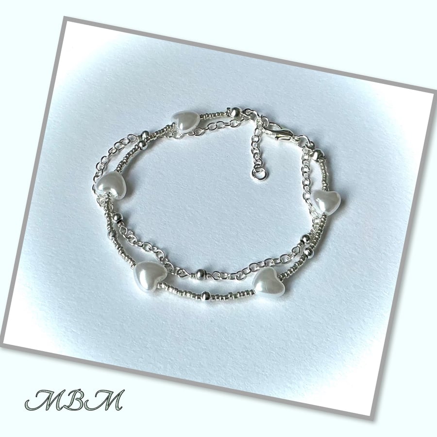 Silver Heart Bead & Chain Bracelet
