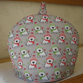 Handmade Christmas Tea Cosy With Little Dogs Wearing Hats And Scarves (R338)