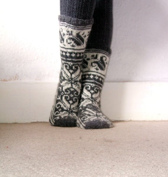 Warm grey and white wool socks handmade scandinavian norwegian