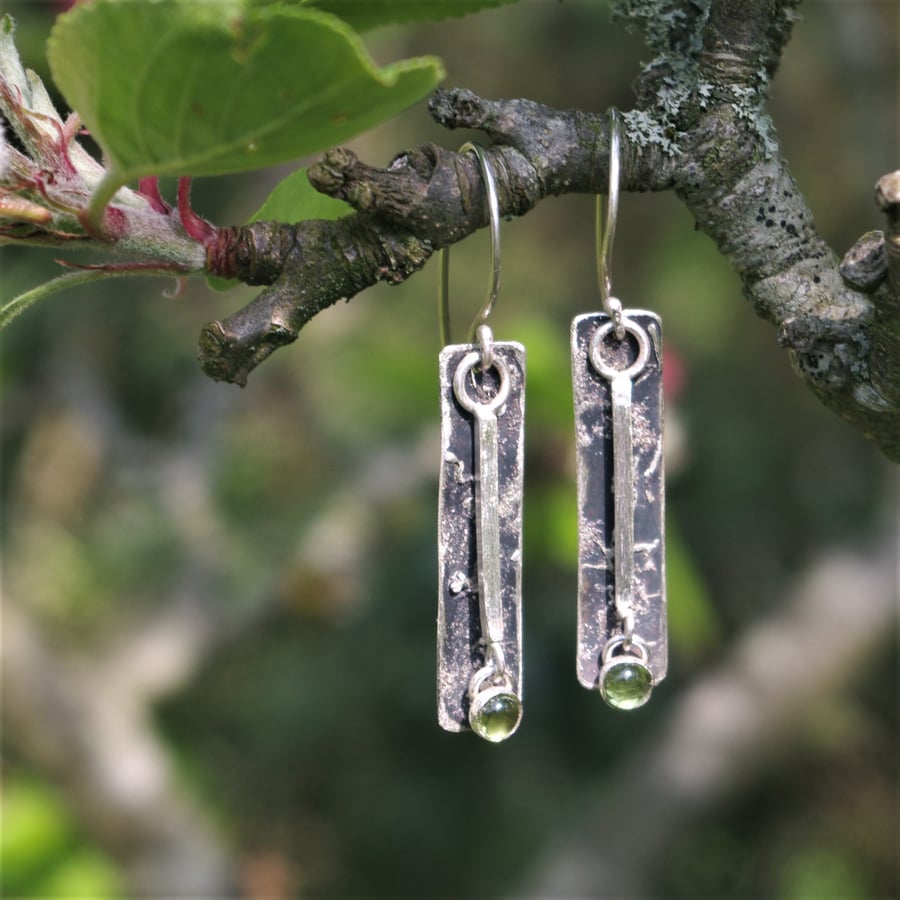 Textured Oxidised Silver Earrings with Peridot Drop