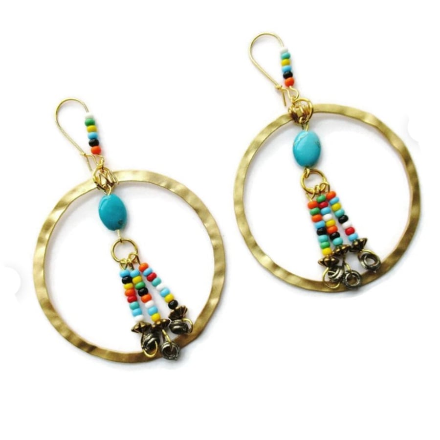 Dangle Gold Hoop Earrings With Multicolour Beads Large Funky Statement Tribal
