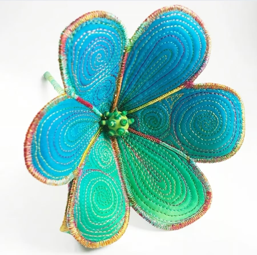 Blue Green Textile Art Flower