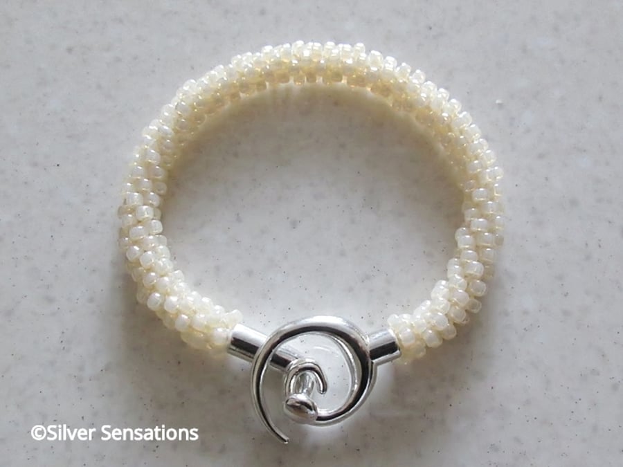 Light Ivory Cream Woven Kumihimo Seed Bead Fashion Bracelet