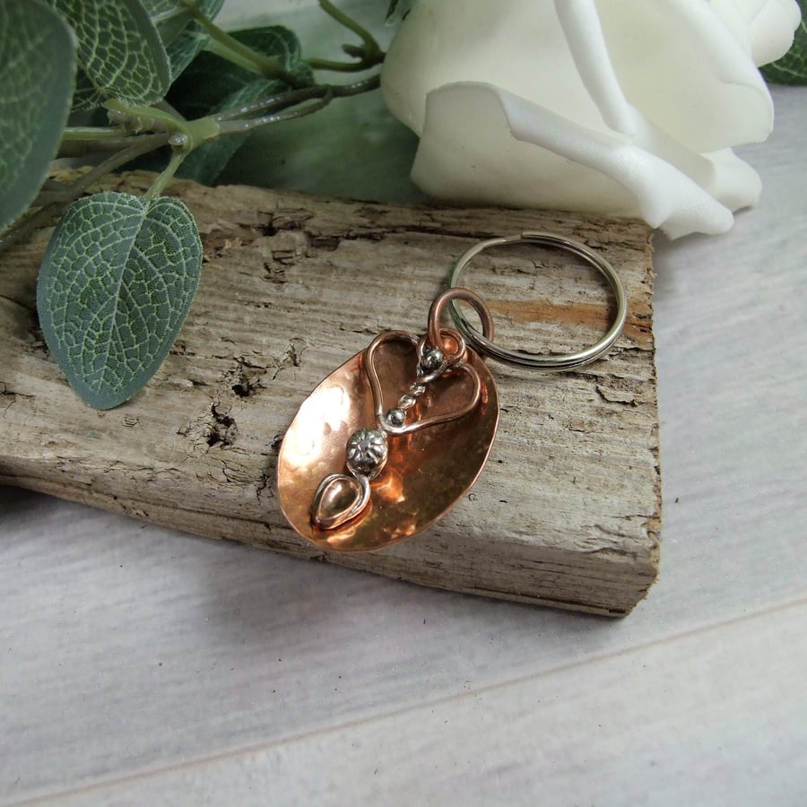 Love Spoon Bag Charm, Copper and Sterling Silver Keyring