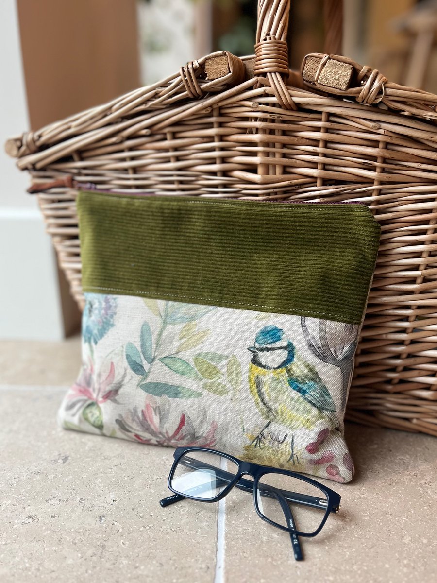 Flowers and birds book pouch zip bag clutch with reclaimed materials