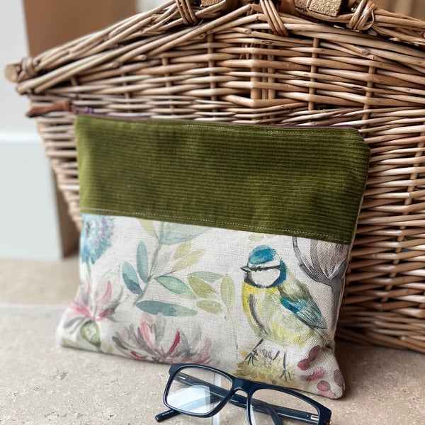 Flowers and birds book pouch zip bag clutch with reclaimed materials