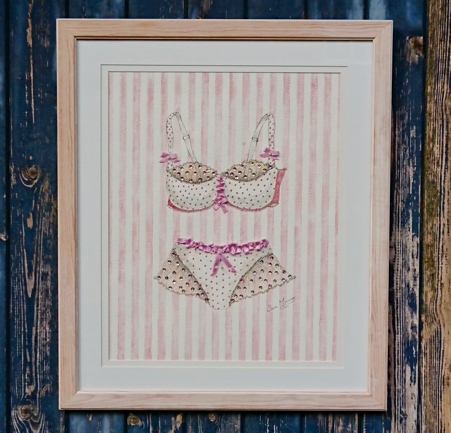 Pink and cream bra and knickers painting with hand-stitched sequins and ribbon