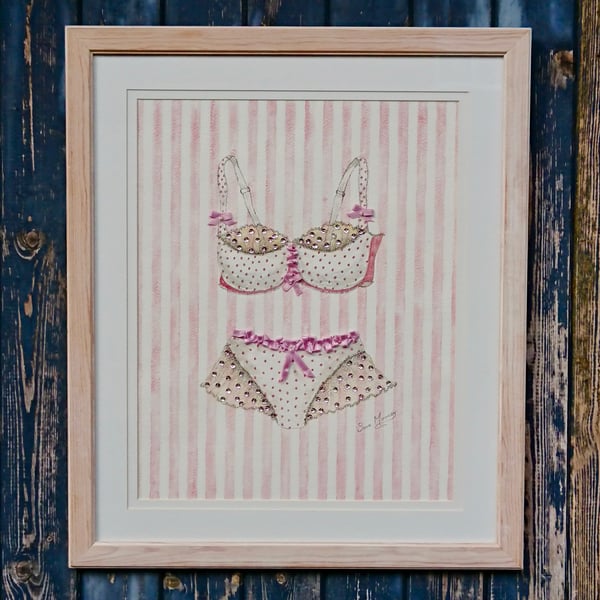 Pink and cream bra and knickers painting with hand-stitched sequins and ribbon