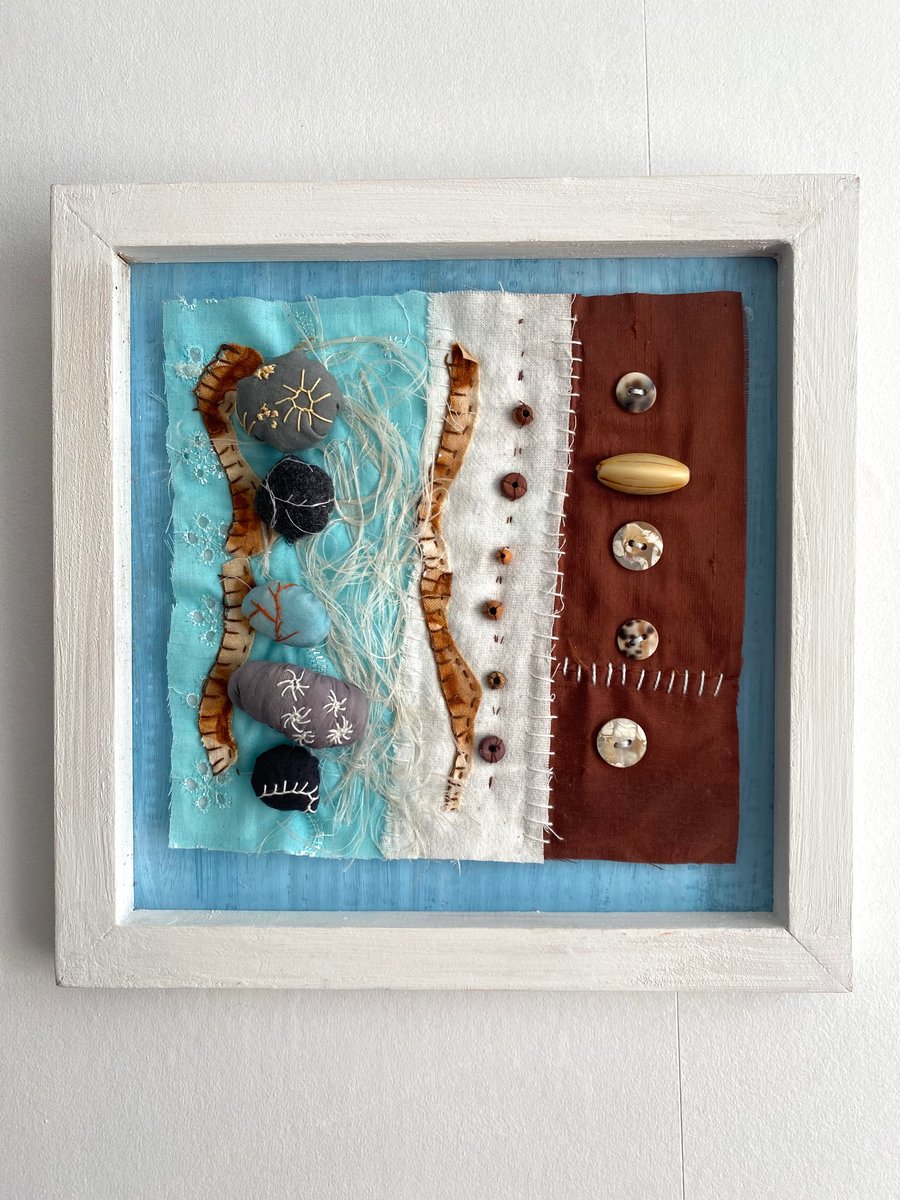 Shoreline, hand stitched abstract art