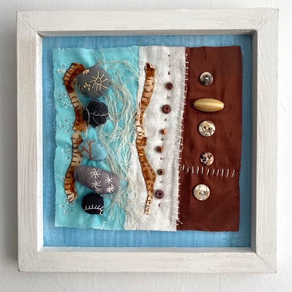 Shoreline, hand stitched abstract art