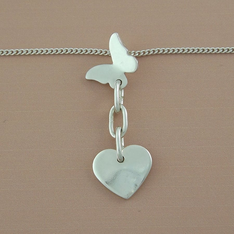 Sterling Silver Butterfly, Heart & Chain Pendant – Love and Togetherness